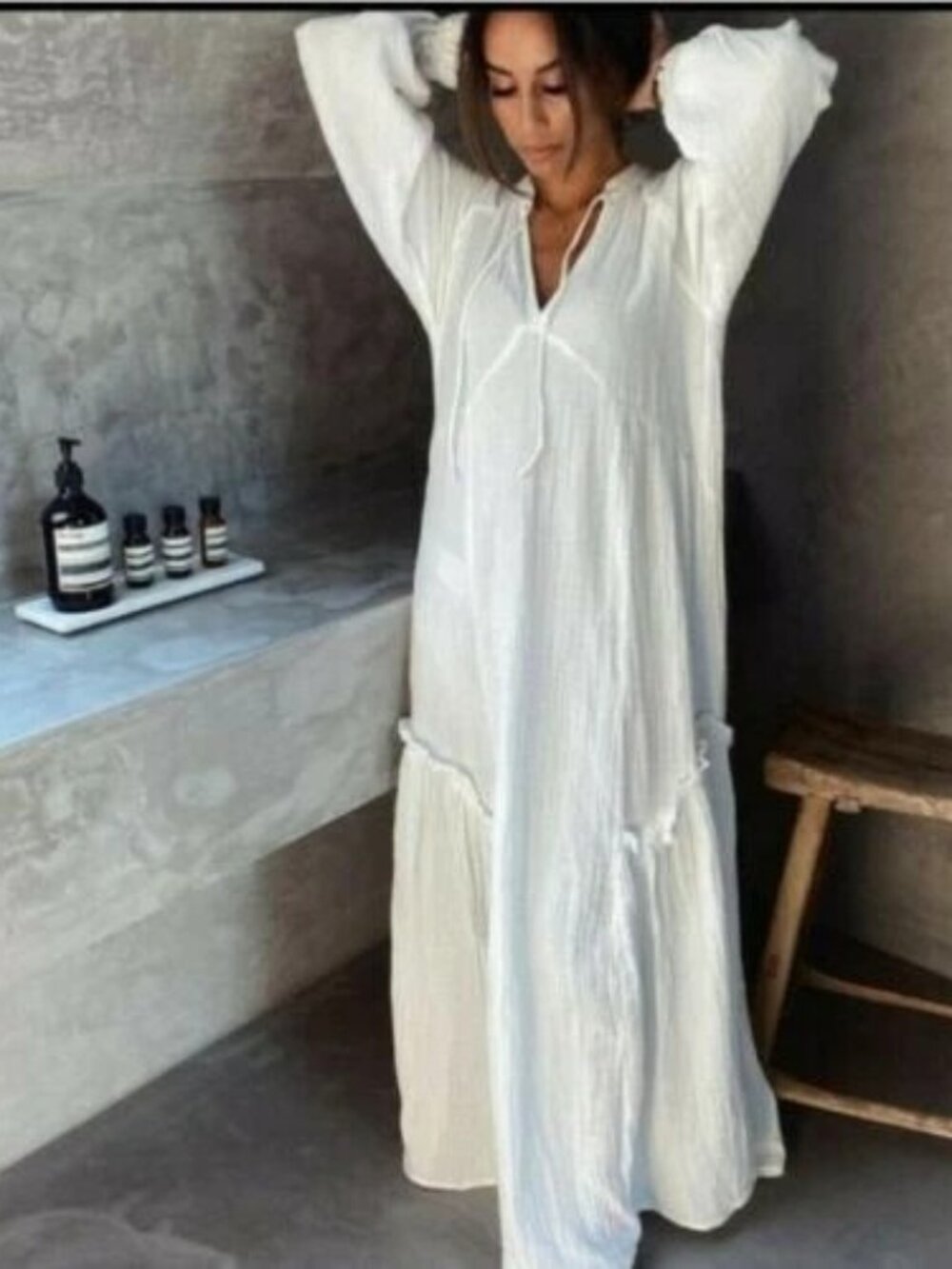 H&M Long Kaftan Dress Cotton Boho Dress White Size L - Picture 2 of 16